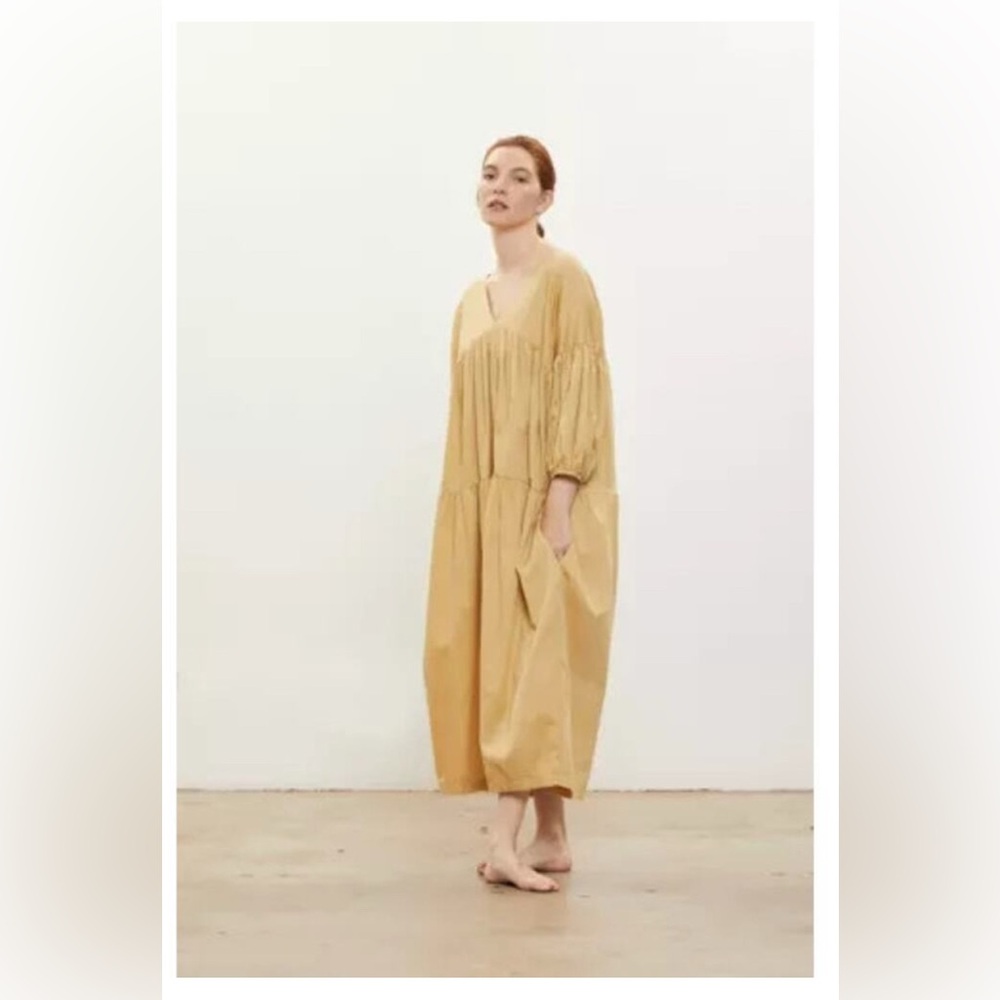 Black Crane V-Neckline Puff Sleeve Jumpsuit Pale Yellow Size Small